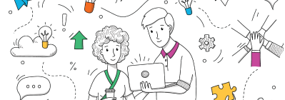 L'image est un dessin représentant deux personnes travaillant ensemble sur un ordinateur portable. Autour d'eux flottent des symboles représentant des idées (ampoules), du travail d'équipe (mains jointes), de la croissance (flèche vers le haut), et de la résolution de problèmes (pièce de puzzle). Le style est décontracté et coloré. L'ensemble évoque une atmosphère positive et dynamique.